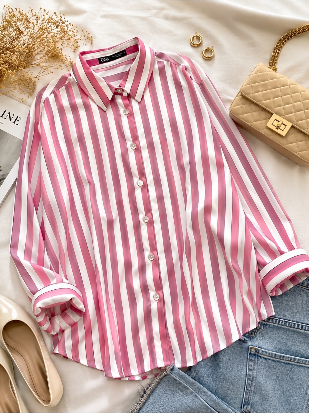 Zara Pink & White Striped Satin Button-Up Blouse | XL